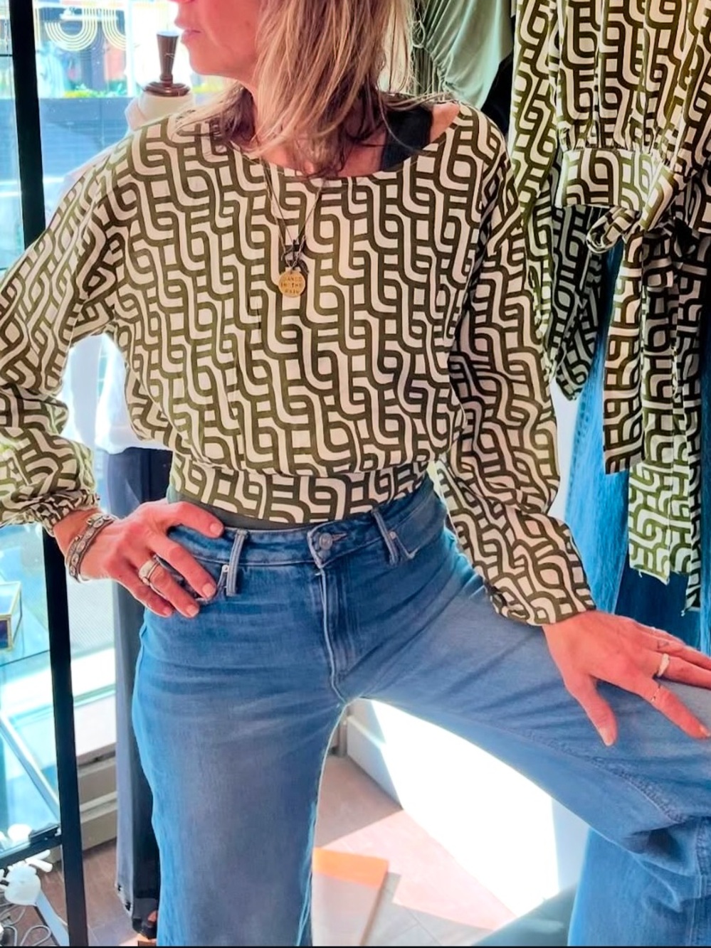 Deluc Olive & White Geometric Long-Sleeve Top